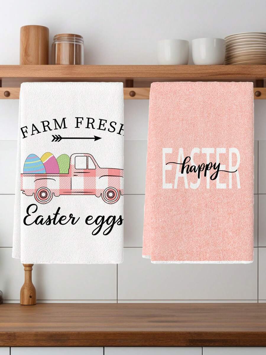 2 Pcs Easter Kitchen Towels Easter Pink Truck With Eggs Style Dish Towel Cooking Hand Towel Tea Towel