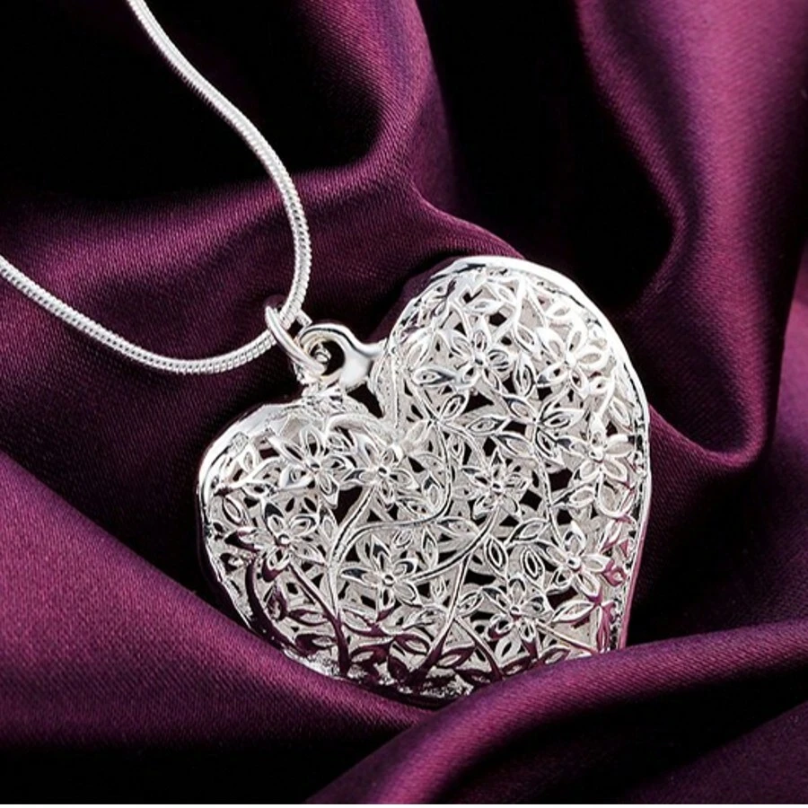 Dây chuyền mặt trái tim chạm khắc bằng bạc Sterling 925 18-30 inch cho phụ nữ thời trang trang sức tiệc cưới - Bạc - Xem 1