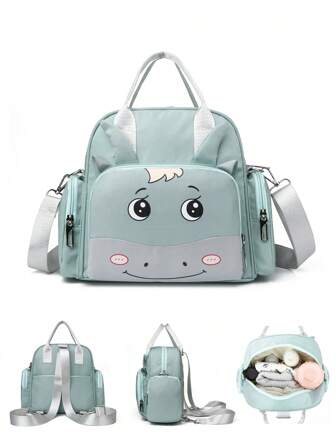 1 pieza Bolso de pañales multifuncional con lindo diseño de ternero verde pequeño, adecuado para almacenar suministros para bebés, se puede llevar de la mano o como mochila para mamá