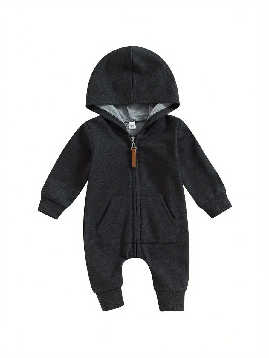 Monos de otoño para bebés, niños y niñas, de manga larga, de color liso, con cremallera y capucha, para recién nacidos - Negro - Ver 1