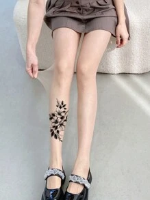 1 Pair Women Plus Size Customizable Tattoo Print Sheer Pantyhose, Nude Color Tights, Transparent Stockings