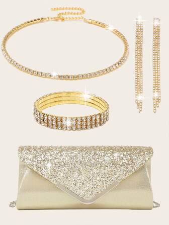 水钻首饰套装 闪亮项链 耳环 手链套装 婚礼手拿包 女士包包 晚宴包 手拿包 婚礼派对 新娘钱包 闪光 V 型翻盖信封手提包 女士球形手提包 带可拆卸金属链 婚礼和派对手提包 婚礼手提包 女士晚礼服手提包 婚礼派对新娘手提包