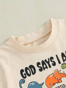 Summer Outfits Dinosaur Letter Print Round Neck Short Sleeve Tops With Solid Shorts Outfit - Beige - View 7