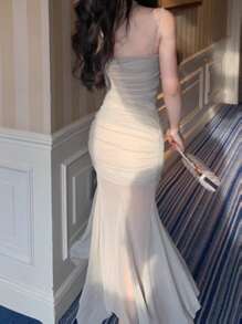 Summer Mesh Spaghetti Straps Asymmetric Mermaid Dress Elegant Plain Corset Evening Party Robe Women Vacation Clothes,Bridesmaid Dress - Grey - View 5