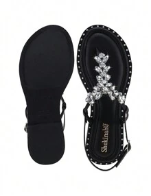 Shekinah Women's Flat Sandal With Rhinestone Embellishment, Studded Sole - Black - View 8