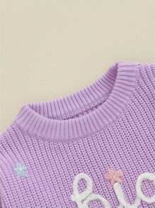 Suéteres para niña, lindos suéteres de punto con bordado de letras de manga larga, blusas sueltas para niña pequeña - Morado - Ver 3