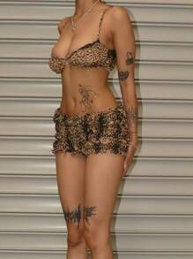 Women Y2k Leopard 2 Piece Outfit Ruched Shorts Sets Spaghetti Strap Ruffle Frill Plunging Bra Cami Tank Top Sleeveless Backless Ruched Camisole Crop Tops And Smocked Layered Bloomer Shorts Sexy Beach Sets Summer Outfit Loungewear Sleepwear - 棕色 - 查看 2