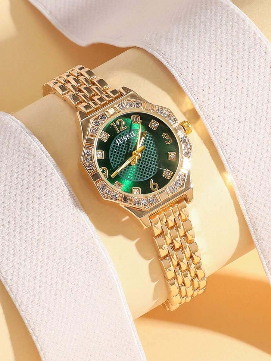 Reloj de cuarzo con esfera redonda enchapada en acero y diamantes de imitación en una escala mixta, atractivo para adolescentes, adecuado como regalo de cumpleaños, regalo para adolescentes, regalo de Año Nuevo, etc. 1 pieza/set