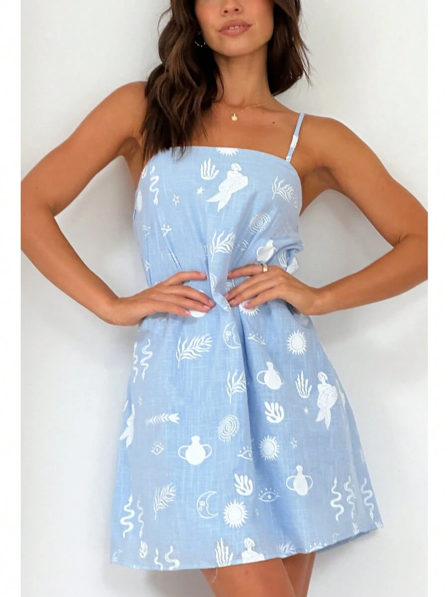 Women Slip Dress, Spaghetti Straps Backless Graphic Print A-Line Dress Summer Mini Dress - Màu xanh lam - Xem 1