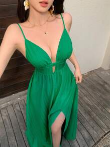 AIJ Green Color Sexy Deep V-Neck Backless Spaghetti Strap A-Line Long Dress With Jacquard Fabric Casual Vacation Beach Sundress For Spring And Summer New Fashionable Women's Clothing