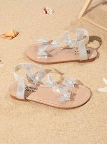 Girls Sandals For Summer, Butterfly Decor, Round Toe Flat Exposed Toe Princess Roman Shoes, Suitable For Outdoor, Shopping, Beach Travel