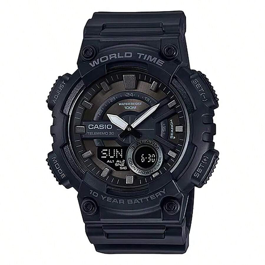 Casio AEQ-110 Series | Men's Analog-Digital Watch |100M WR | Multi Alarms | 100 SEC Stopwatch | Countdown Timer | World Map For World Time | LED Light | LC Display - Black - View 1