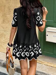 Women's Embroidered Textured Print Hollow Neck Tassel Ruched Mini Dress - Multicolor - View 2