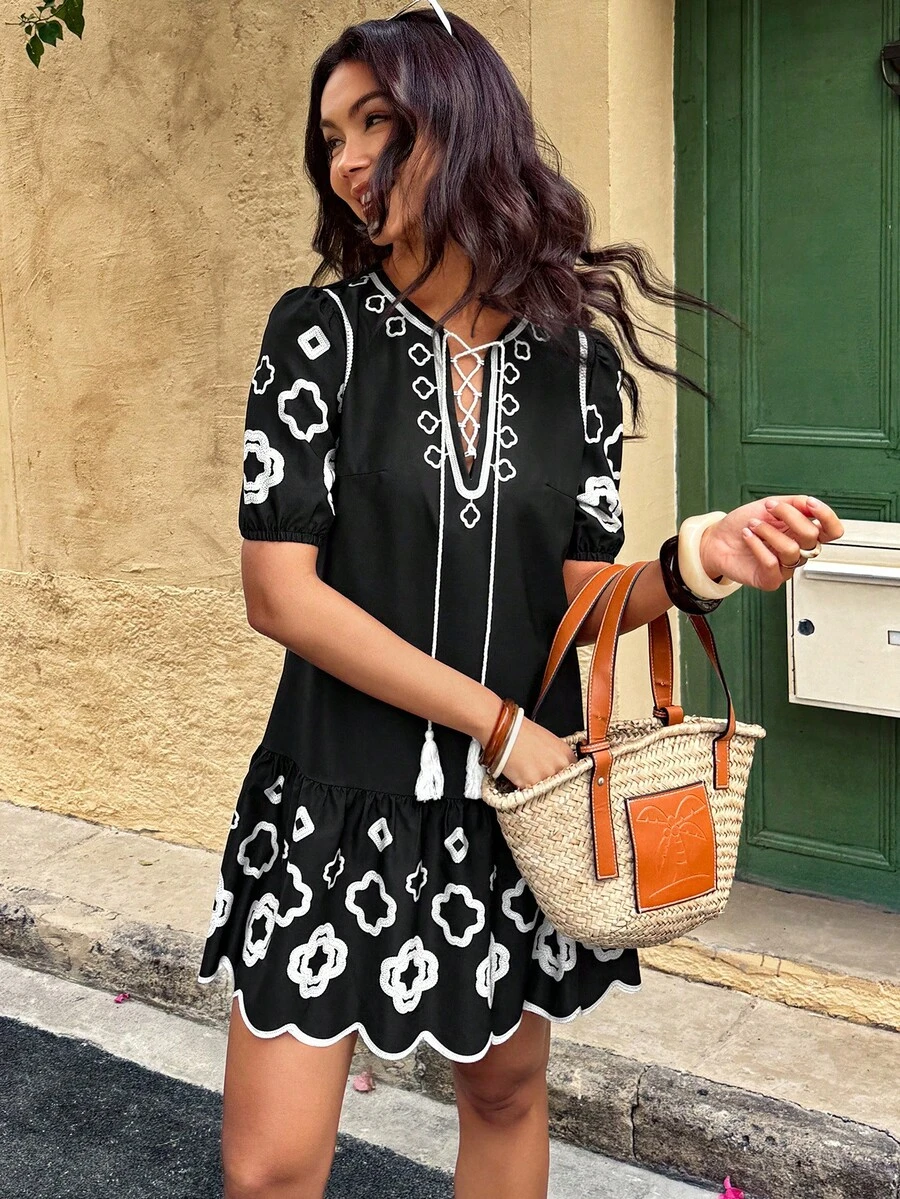 Women's Embroidered Textured Print Hollow Neck Tassel Ruched Mini Dress - Multicolor - View 1