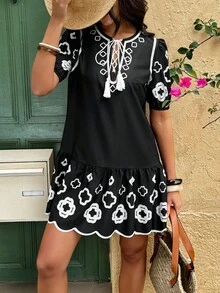 Women's Embroidered Textured Print Hollow Neck Tassel Ruched Mini Dress - Multicolor - View 5