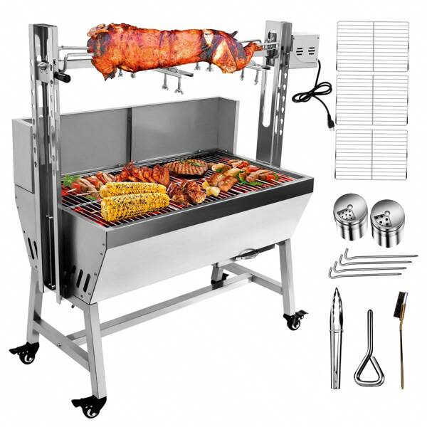 Stainless Steel Rotisserie Grill With Back Cover Guard, 25W Motor Small Pig Lamb 37 Inch BBQ Charcoal Rotisserie Roaster Grill For Camping Outdoor Kitchen