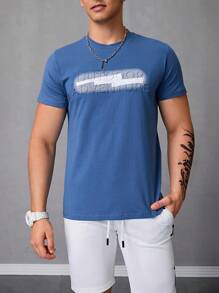 Camiseta De Hombre Decorada Con Letras Tridimensionales,Camiseta Sencilla De Color Liso,Camiseta De Manga Corta Con Cuello Redondo - Azul - Ver 1