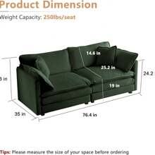 Luxury Loveseat Sofa Couch, 76" Modern Chenille Deep 2-Seater Cloud Couch With 2 Armrest Pillows And 2 Toss Pillows, Love Seat For Living Room Bedroom Office Apartment, Green - 綠色 - 查看 2