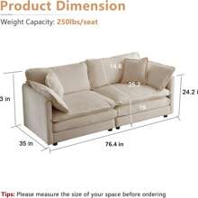 Luxury Loveseat Sofa Couch, 76" Modern Chenille Deep 2-Seater Cloud Couch With 2 Armrest Pillows And 2 Toss Pillows, Love Seat For Living Room Bedroom Office Apartment, Light Coffee - CÀ PHÊ NHẸ - Xem 2