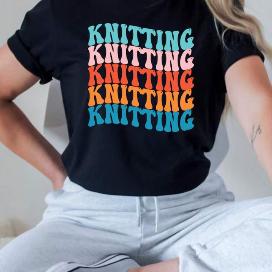 Knitting T-Shirt, Knitter TShirt, Knitting T Shirt, Knitting Tee, Shirt For Knitter, Knitting Pro Shirt, Bright Colors Top, Retro Font - Black - View 1