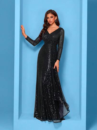 XUIBOL Summer High Quality Elastic Sequin V-Neck Long Sleeves With Slim Fit And A Line Hem Design, Solid Color Elegant And Luxurious Long Dress For Women, Making Women Younger And More Charming, Suitable For Various Parties, Graduations, Weddings, Events And Various Banquets And Dancing Parties, Formal Ball Gown For Women, (Deluxe Edition) Party Dress Wedding Guest Dress Evening Dress