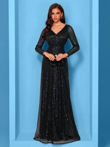 XUIBOL Summer High Quality Elastic Sequin V-Neck Long Sleeves With Slim Fit And A Line Hem Design, Solid Color Elegant And Luxurious Long Dress For Women, Making Women Younger And More Charming, Suitable For Various Parties, Graduations, Weddings, Events And Various Banquets And Dancing Parties, Formal Ball Gown For Women, (Deluxe Edition) Party Dress Wedding Guest Dress Evening Dress - Black - View 4