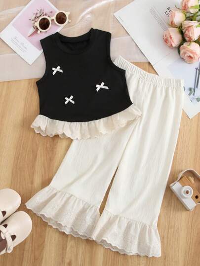 Humor Bear 2pcs/Set Young Girl Casual Fashion Cute Bow Decor Top & Wide-Leg Pants Set, Summer