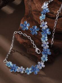 SophiaXuan 1 Set 2 Stücke Schmuckset im Boho-Stil, elegant, schlicht, niedlich, aus blau emaillierter Zinklegierung mit Blumenmotiv, bestehend aus Halskette und Ohrringen, geeignet für den täglichen Gebrauch von Frauen, Partys, Valentinstag Geschenk - Geometrie - Übersicht 4