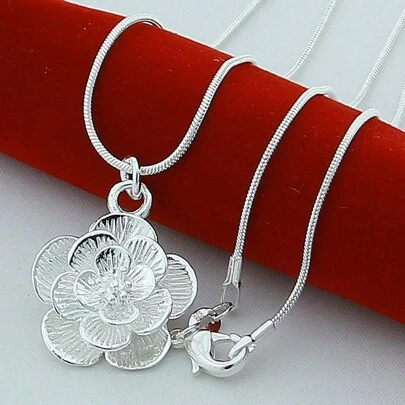 Silver Plating Rose Flower Pendant Necklace 18/20-24/26/30 Inch Snake Chain For Women Wedding Engagement Jewelry