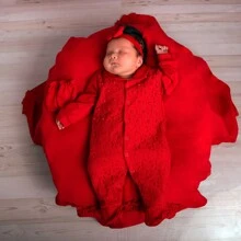 Pink Lace Maternity Outfit For Girls With Pearls Long Sleeve Luxury 4 Pieces Baby Clothes - 紅色 - 查看 6