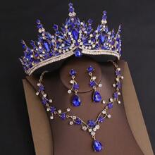 巴洛克皇冠头饰婚礼首饰套装，欧式奢华水晶皇冠项链耳环 3 件套装，生日皇冠新娘礼服配饰