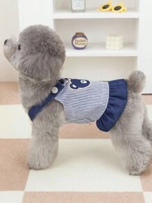 春夏狗狗连衣裙轻质牛仔宠物吊带连衣裙适合贵宾犬和泰迪熊等小型犬，宠物主人配套服装 - 藍色 - 查看 2