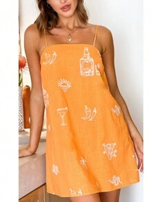 Women Slip Dress, Spaghetti Straps Backless Graphic Print A-Line Dress Summer Mini Dress - trái cam - Xem 2