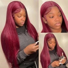 250% Full Straight Lace Front Wig Human Hair Wigs Transparent 13x4  Lace Frontal Wig For Women Bone Straight Brazilian Human Hair Lace Wig With Full Edges Baby Hair Pre Plucked Straight Wig Natural Black #1B,99J Burgundy - S1/99J - 查看 3