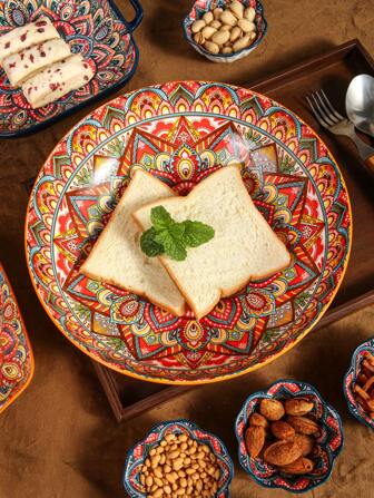 1pc Creative Under-Glaze Colorful 10-Inch Large Bowl, Ceramic Material, 4 Color Options (Red/Blue/Green/Orange), Suitable For Home Use, Restaurant Tableware