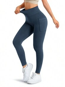 A AGROSTE Women Seamless Workout Leggings With Pockets Scrunch Butt Lifting Gym Leggings High Waisted Yoga Pants - 藏蓝色 - 查看 3