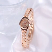 jw 1 Pieza Reloj de mujer Premium de color rosa, dulce y delicado, con caja de aleación redonda, esfera de moda con escala de cristales, reloj de cuarzo elegante, fácil de llevar, adecuado para decoración diaria, regalo de vuelta al colegio para estudiantes