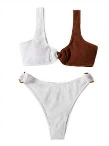 Ladies Summer Split Swimwear Set, Adults Women Creative Double Color Splicing Ring Decoration Sexy Bikini Swimsuit for Vacation - Blanco y marrón - Ver 3