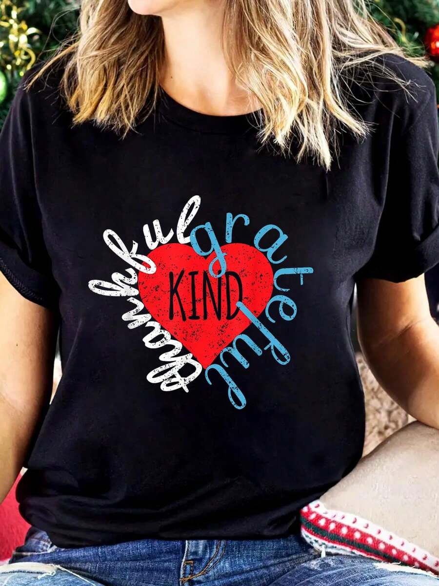 Thankful, Grateful, Kind  Cotton Graphic Tee For Women, Round Neck Short Sleeve Casual Tops - Black - View 1