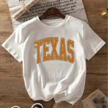 Texas Alphabet Women's Single Side Printed Short Sleeve T-Shirt Round Neck Summer Fashion Solid Basic T-Shirt Tops Casual Summer Shirts