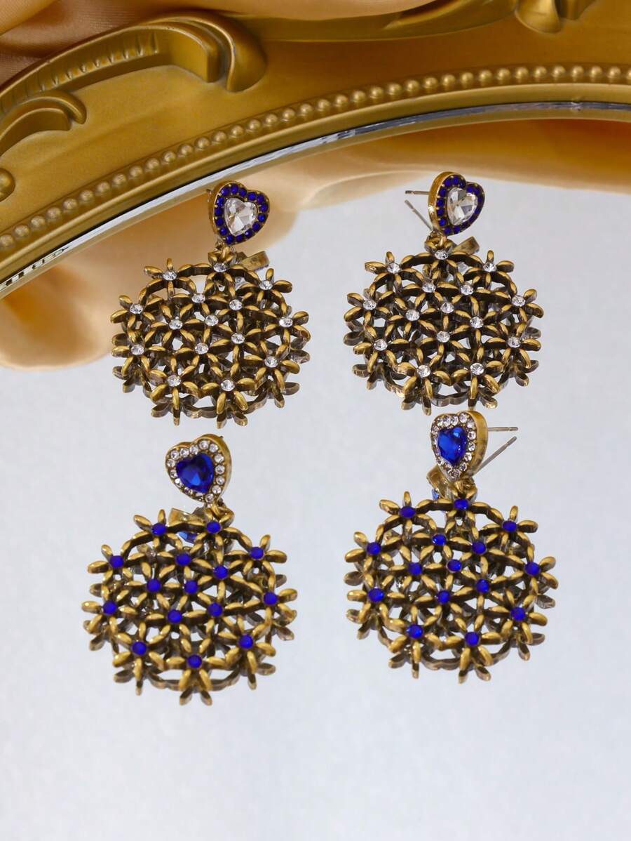 优雅复古风格镂空花卉水晶玻璃电镀合金耳环，送给朋友的高端浪漫礼物，适合日常佩戴或聚会 - 愛心花朵耳環 - 查看 1