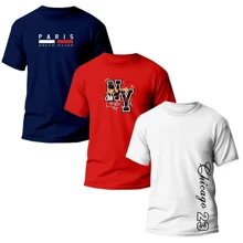 Kit 3 Camisetas Estampadas NY, PARIS, CHICAGO 23 Camisa Masculina 100% Algodão Unissex - Azul Marinho - Visão 4