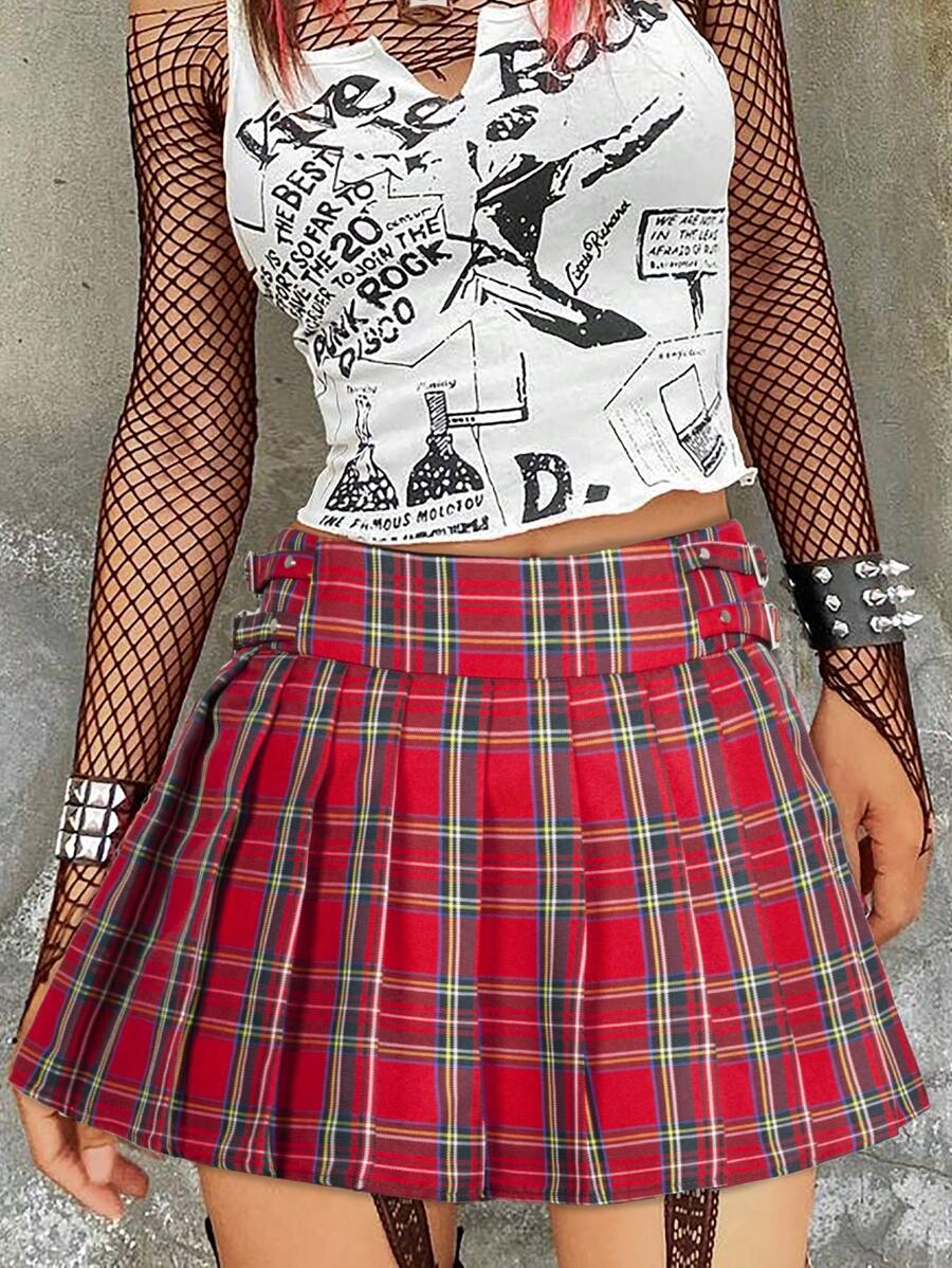 Y2K Preppy Cute Contrast Tartan Plaid Print Double Metallic Buckle Pleated Mini Skirt Summer Outdoor Skateboard Hottie Casual Date Night Music Festival Concert Outfit