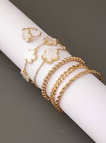 6 Pcs Lucky Clover Decor Chain Bracelets Set Flower Ring Bracelet Set Women VCA Style Jewelry Set - White - View 1