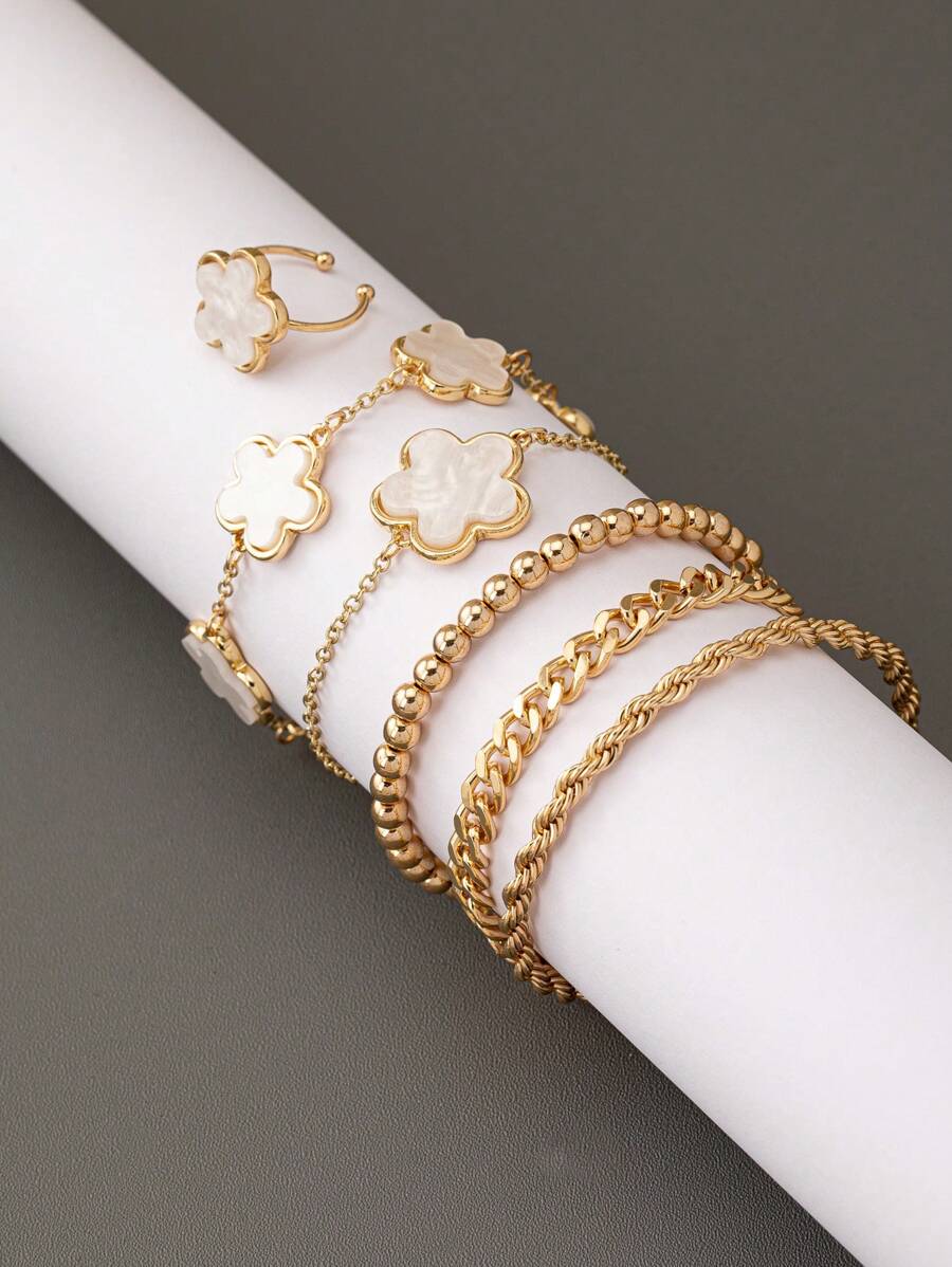 6 Pcs Lucky Clover Decor Chain Bracelets Set Flower Ring Bracelet Set Women VCA Style Jewelry Set - White - View 1