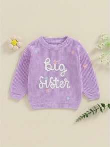 Suéteres para niña, lindos suéteres de punto con bordado de letras de manga larga, blusas sueltas para niña pequeña - Morado - Ver 1
