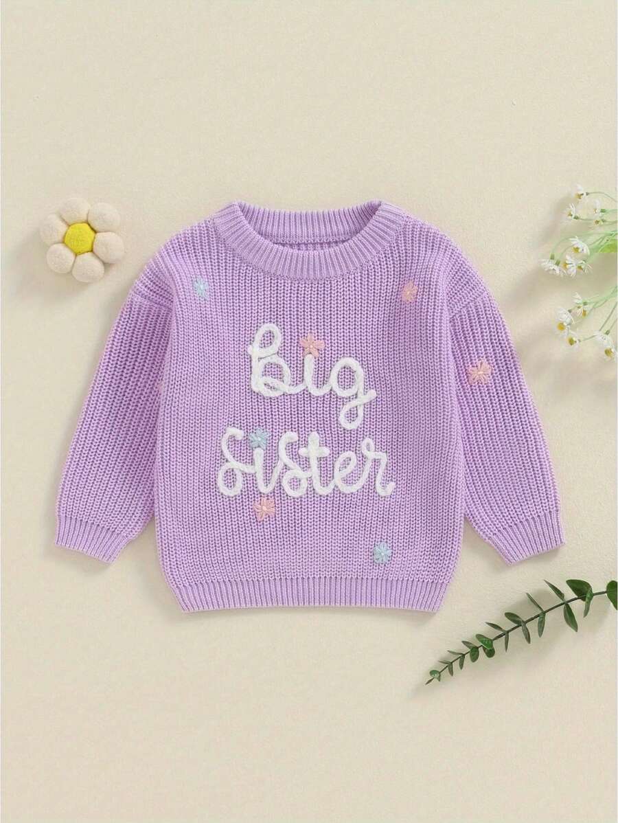 Suéteres para niña, lindos suéteres de punto con bordado de letras de manga larga, blusas sueltas para niña pequeña - Morado - Ver 1