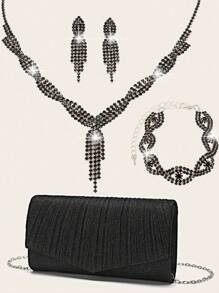 4 件装女式水钻晚装手拿包水钻耳夹新娘婚礼颈链手链吊饰闪亮闪光钱包手拿包女士晚装包闪亮手提包带可拆卸链条适合婚礼和派对女士单肩包闪光 V 型翻盖手提包鸡尾酒会婚礼新款钱包宴会包 - 黑色 - 查看 2