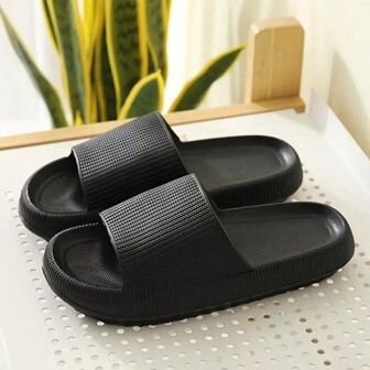秋冬厚底条纹套脚拖鞋，纯色圆头休闲简约室内/室外防滑防臭EVA男女通用凉鞋[建议选购大一码以获得更舒适的穿着体验]，毛绒拖鞋