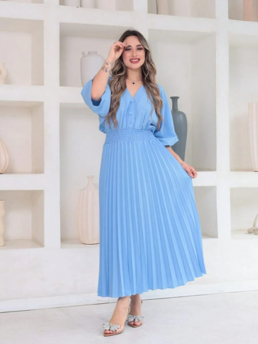 Vitoria Women's Midi Dress With Button Short Sleeve Pleated